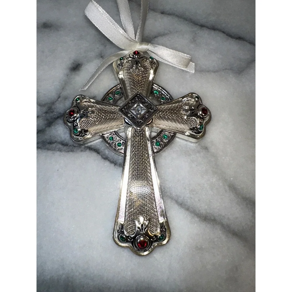 Towle Silver Plated Celtic Cross Christmas Ornament Jeweled Rhinestones 4.25in